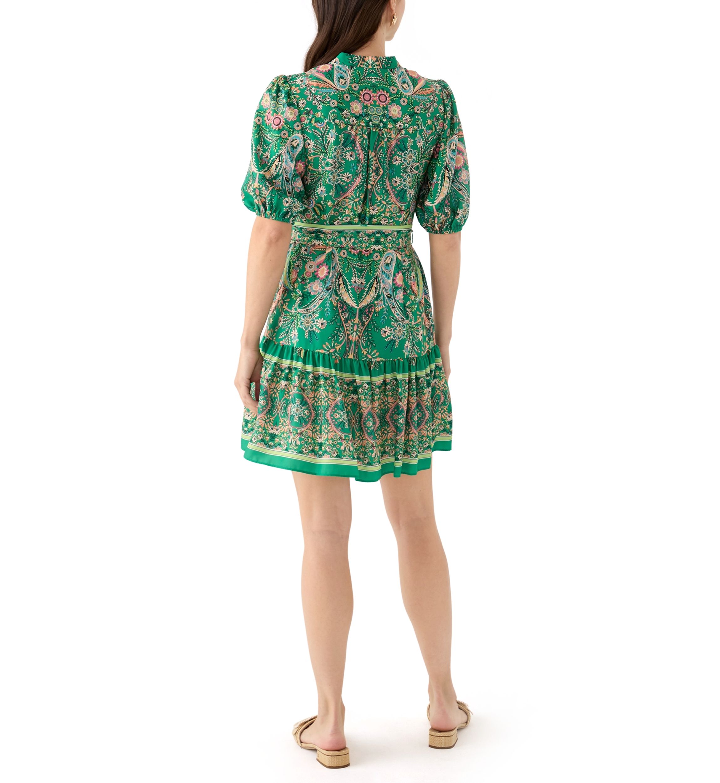 Womens Puff Sleeve Paisley Print Fit and Flare Dress