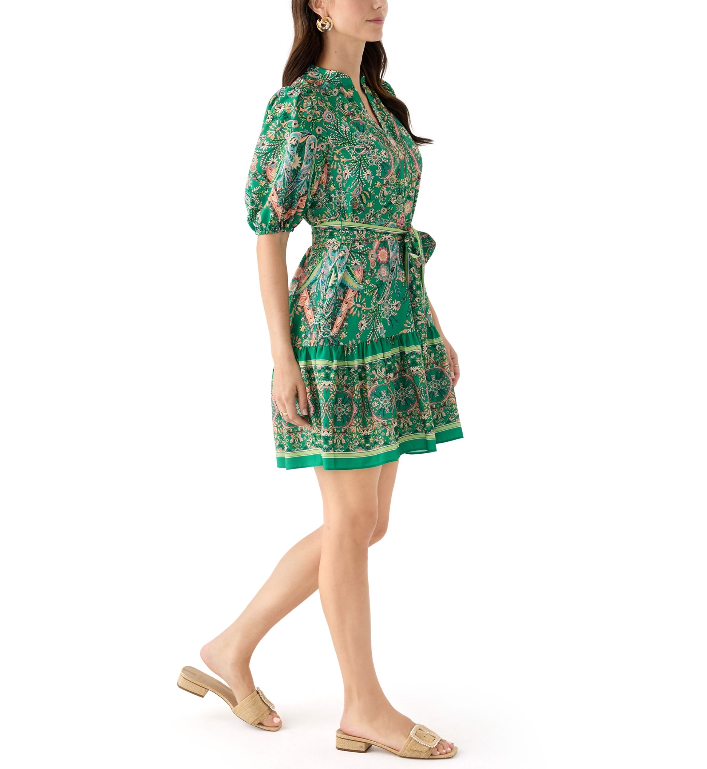 Womens Puff Sleeve Paisley Print Fit and Flare Dress