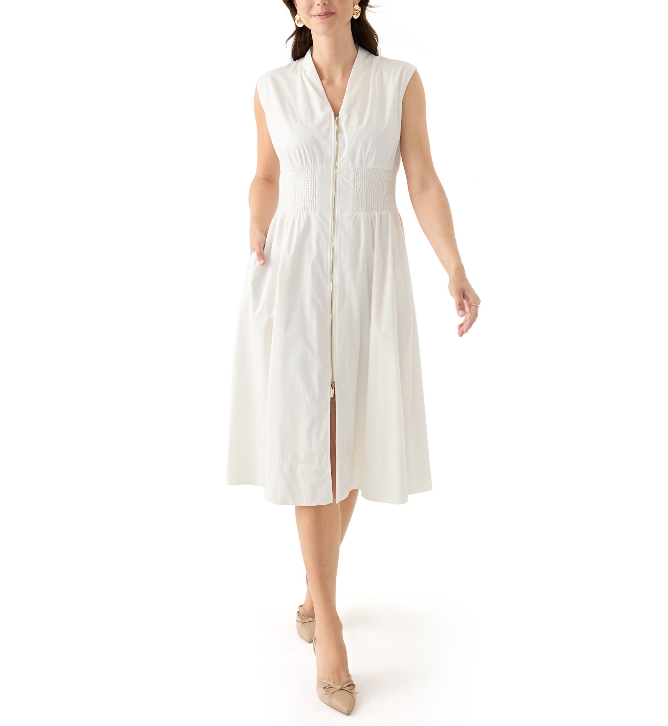Womens Sleeveless V-Neck Solid Midi Dress