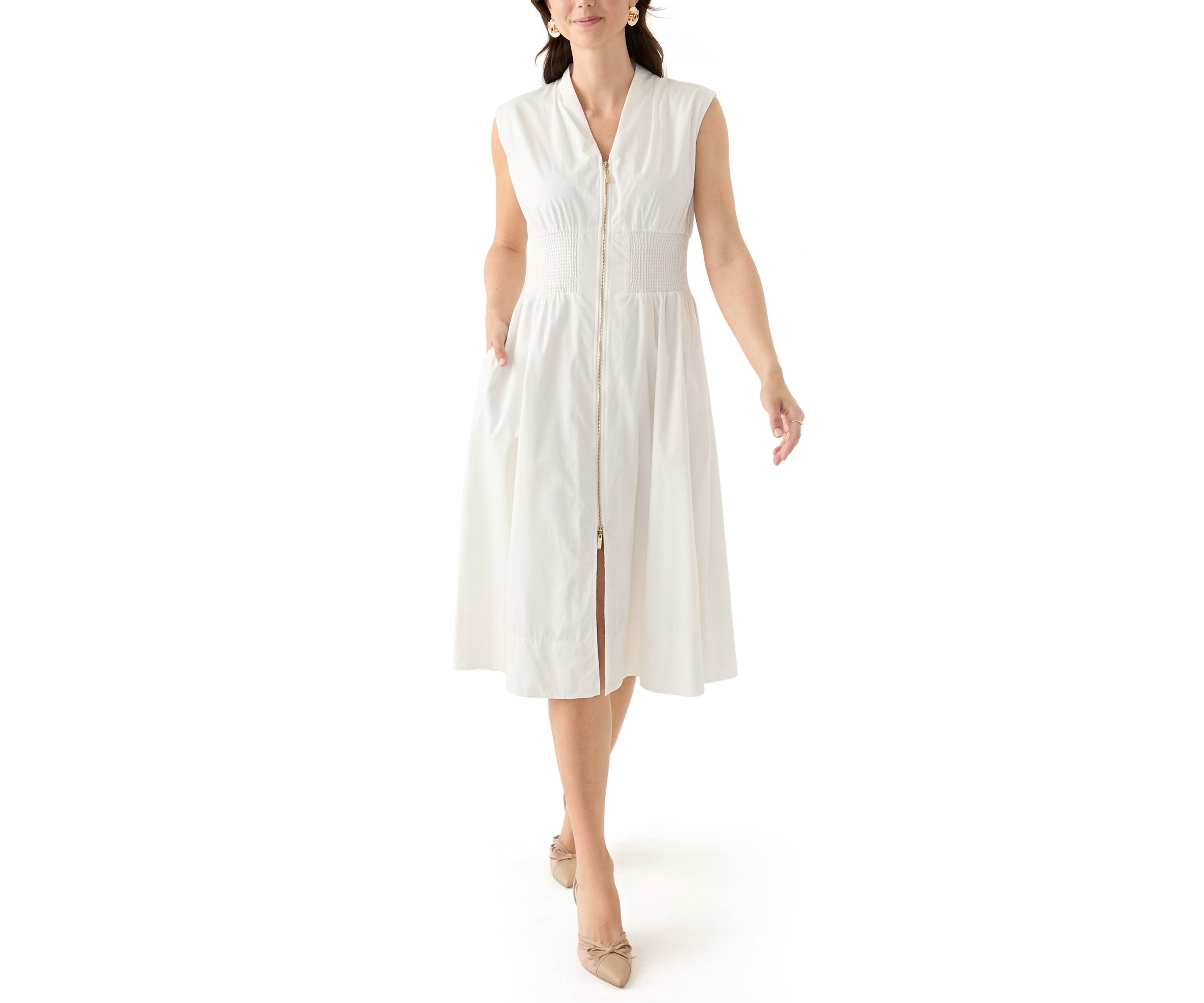 Womens Sleeveless V-Neck Solid Midi Dress
