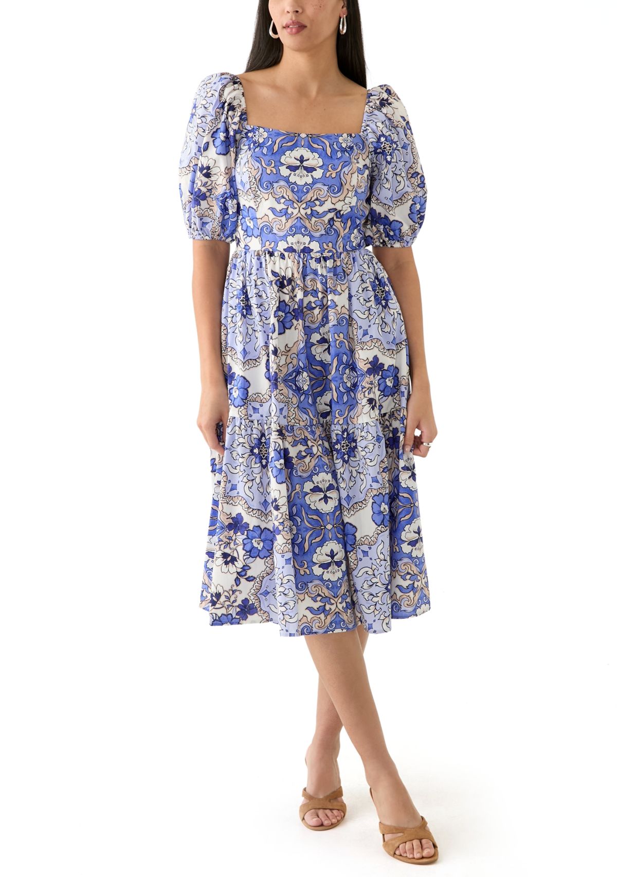 Womens Printed A-Line Midi Dress