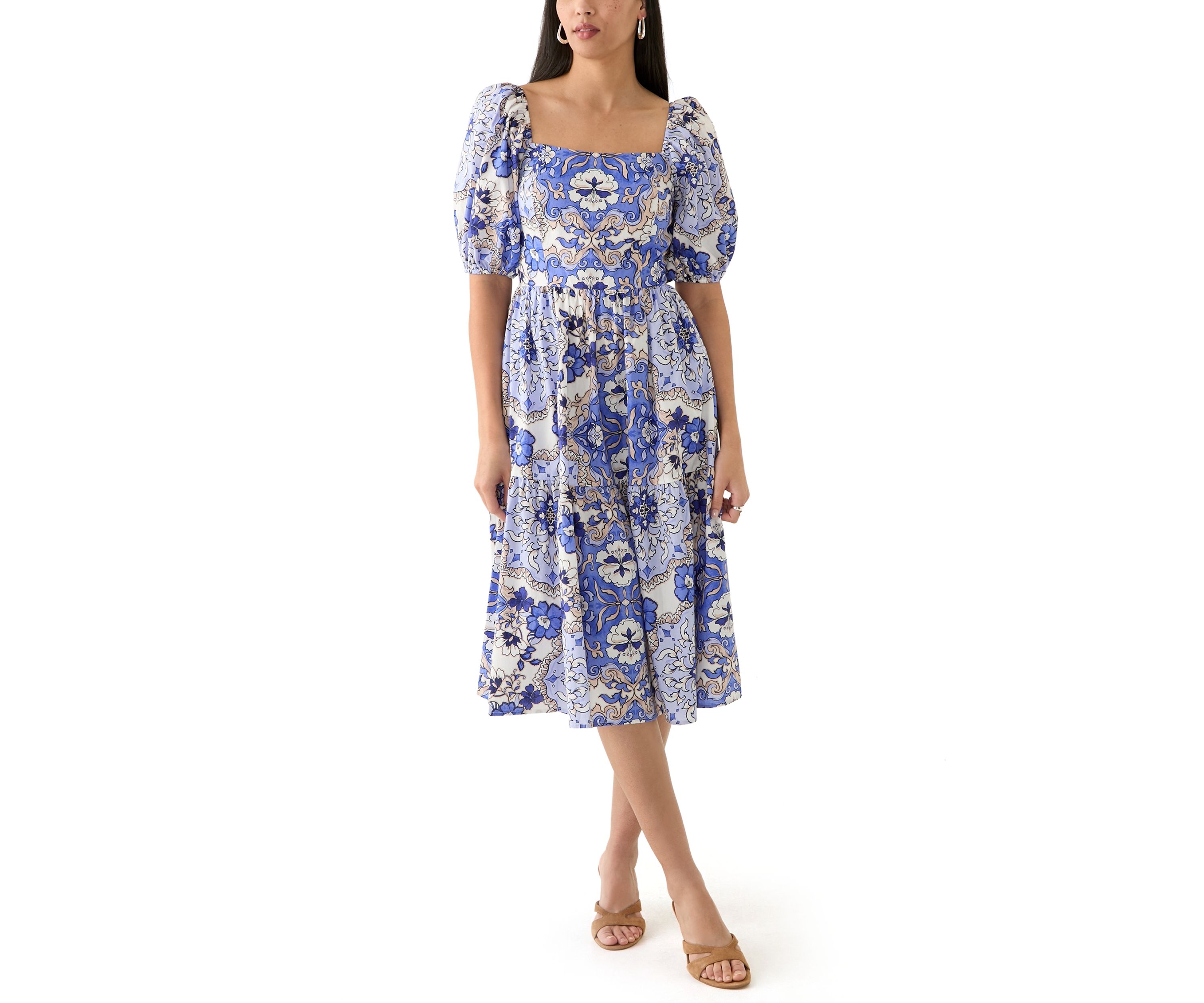 Womens Printed A-Line Midi Dress