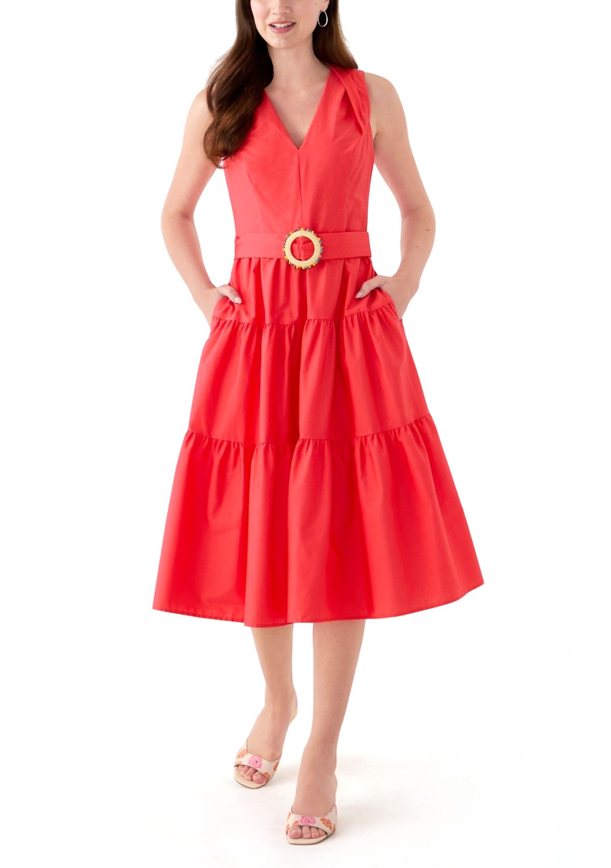 Womens Sleeveless V-Neck Solid Midi Dress