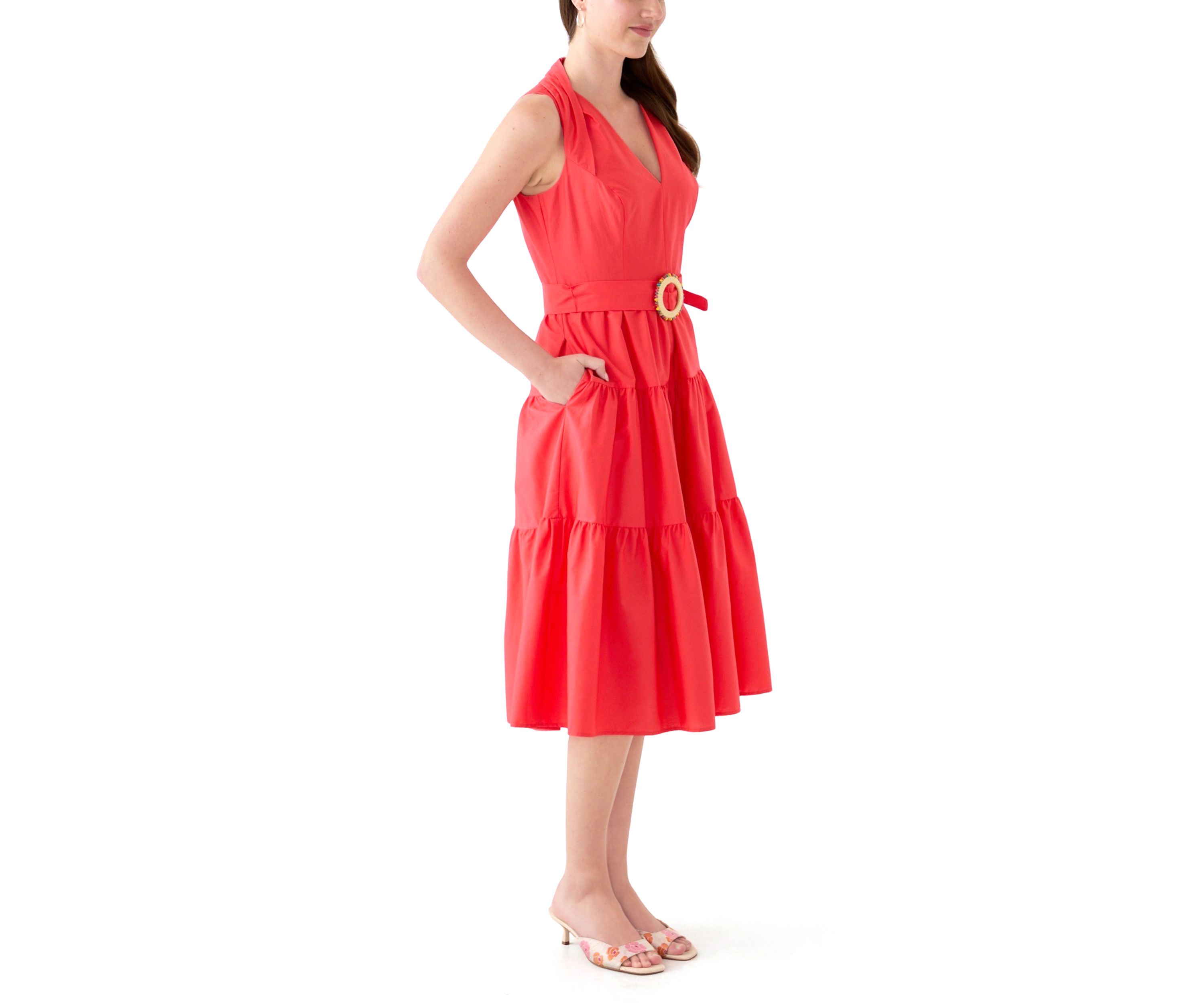 Womens Sleeveless V-Neck Solid Midi Dress