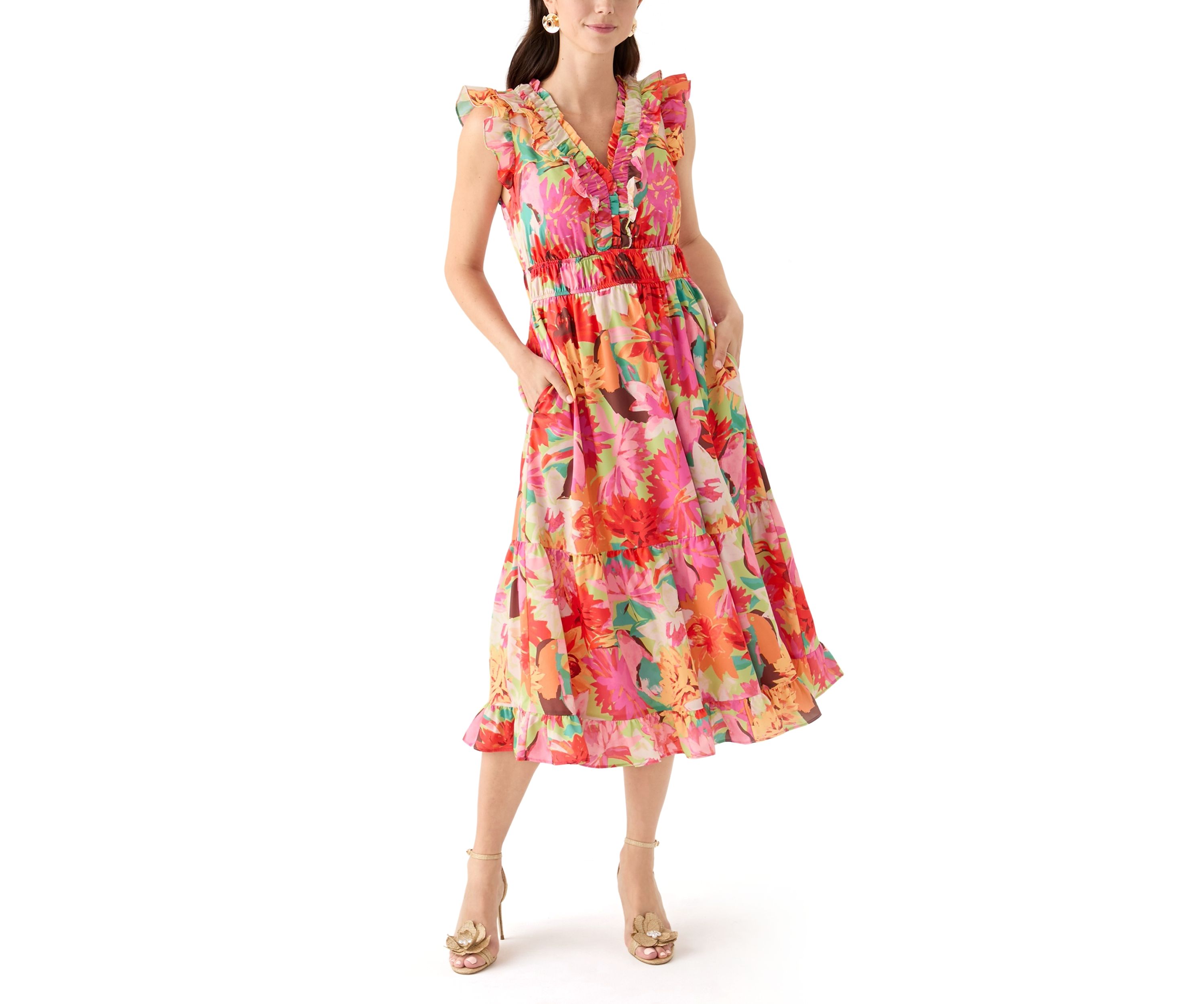 Womens Short Ruffle Sleeve V-Neck Floral Print Midi Dress