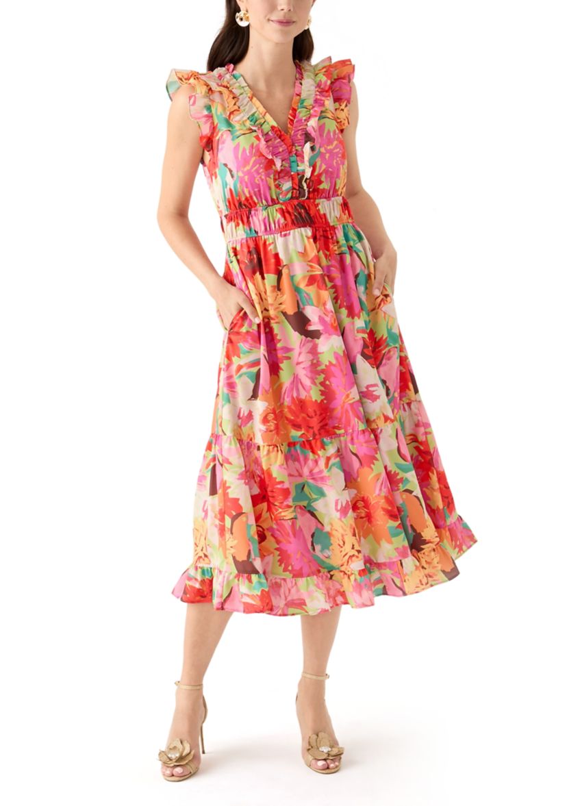 Womens Short Ruffle Sleeve V-Neck Floral Print Midi Dress