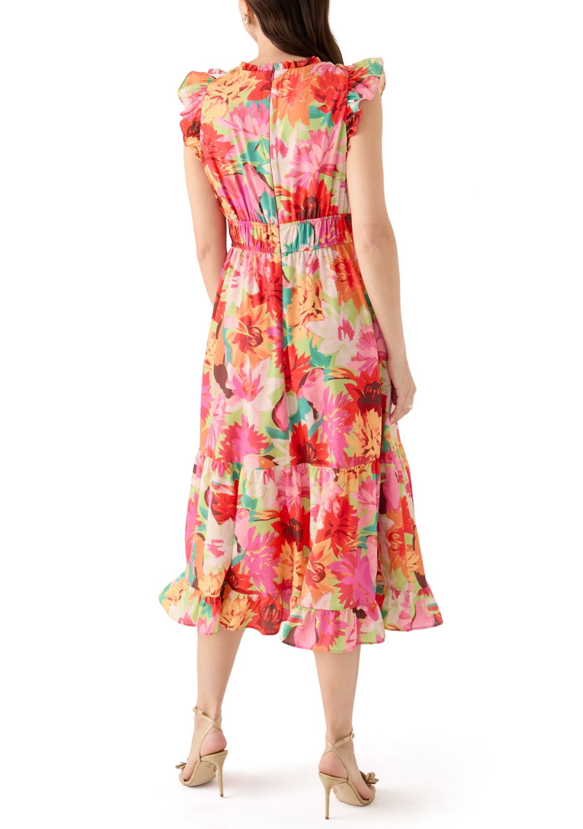 Womens Short Ruffle Sleeve V-Neck Floral Print Midi Dress