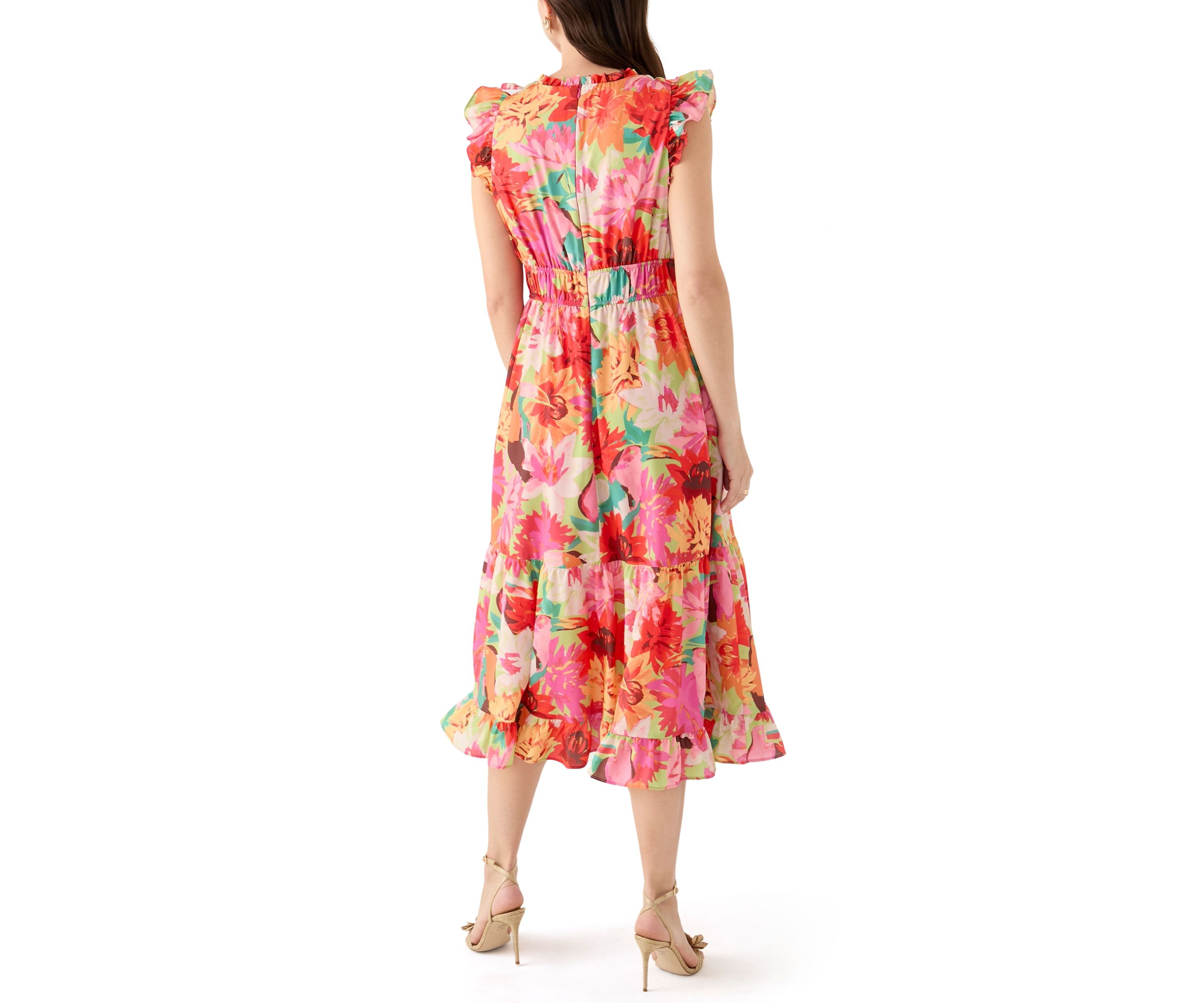 Womens Short Ruffle Sleeve V-Neck Floral Print Midi Dress
