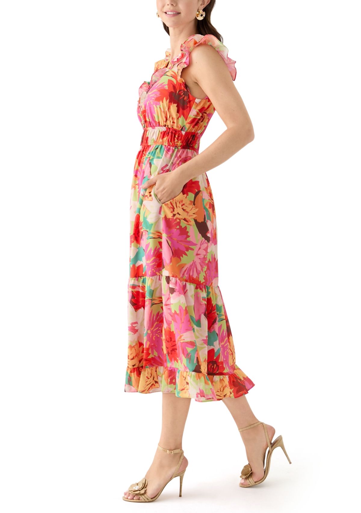 Womens Short Ruffle Sleeve V-Neck Floral Print Midi Dress