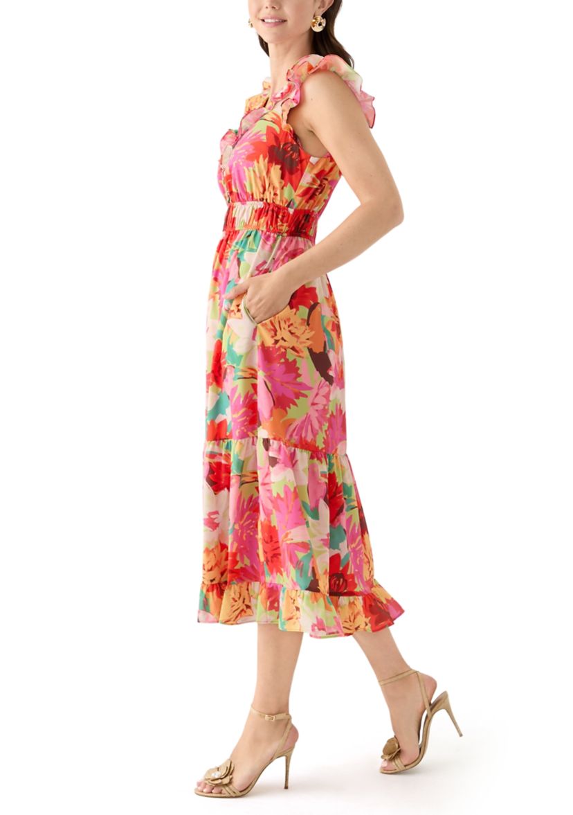 Womens Short Ruffle Sleeve V-Neck Floral Print Midi Dress