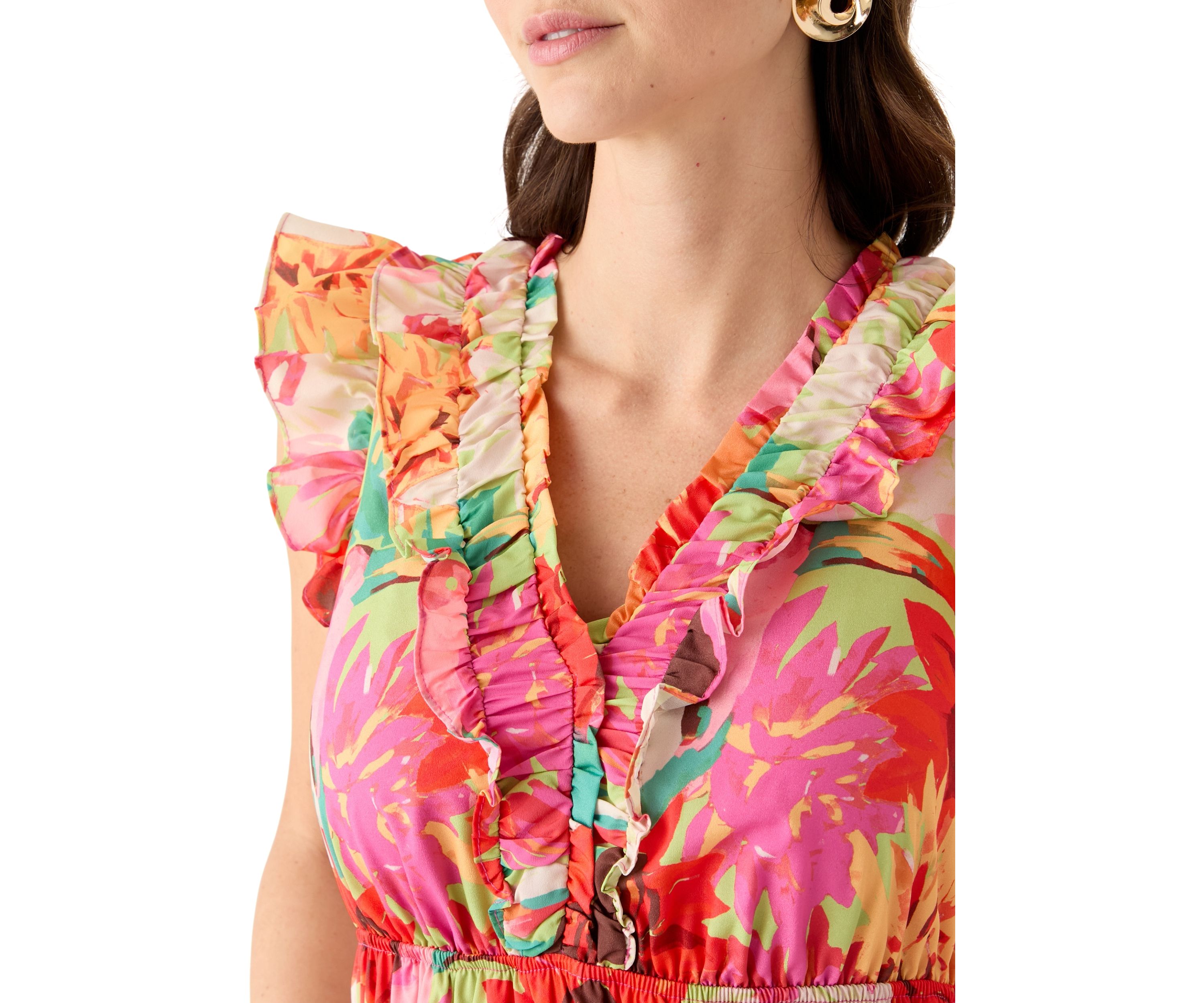 Womens Short Ruffle Sleeve V-Neck Floral Print Midi Dress