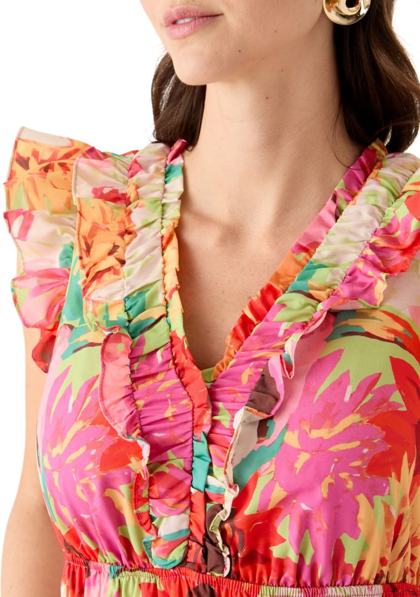 Womens Short Ruffle Sleeve V-Neck Floral Print Midi Dress
