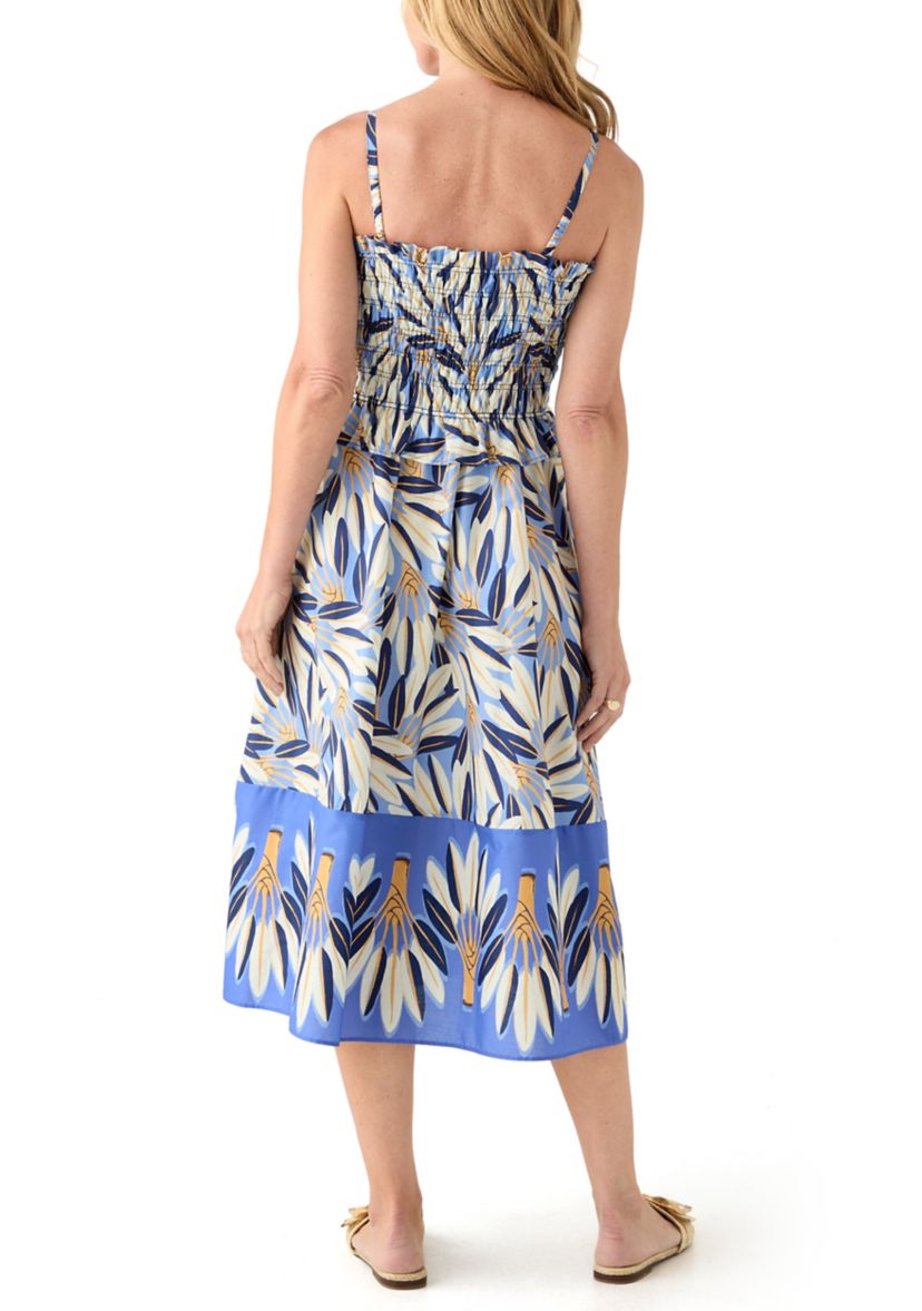Womens Sleeveless Square Neck Floral Print Midi Dress