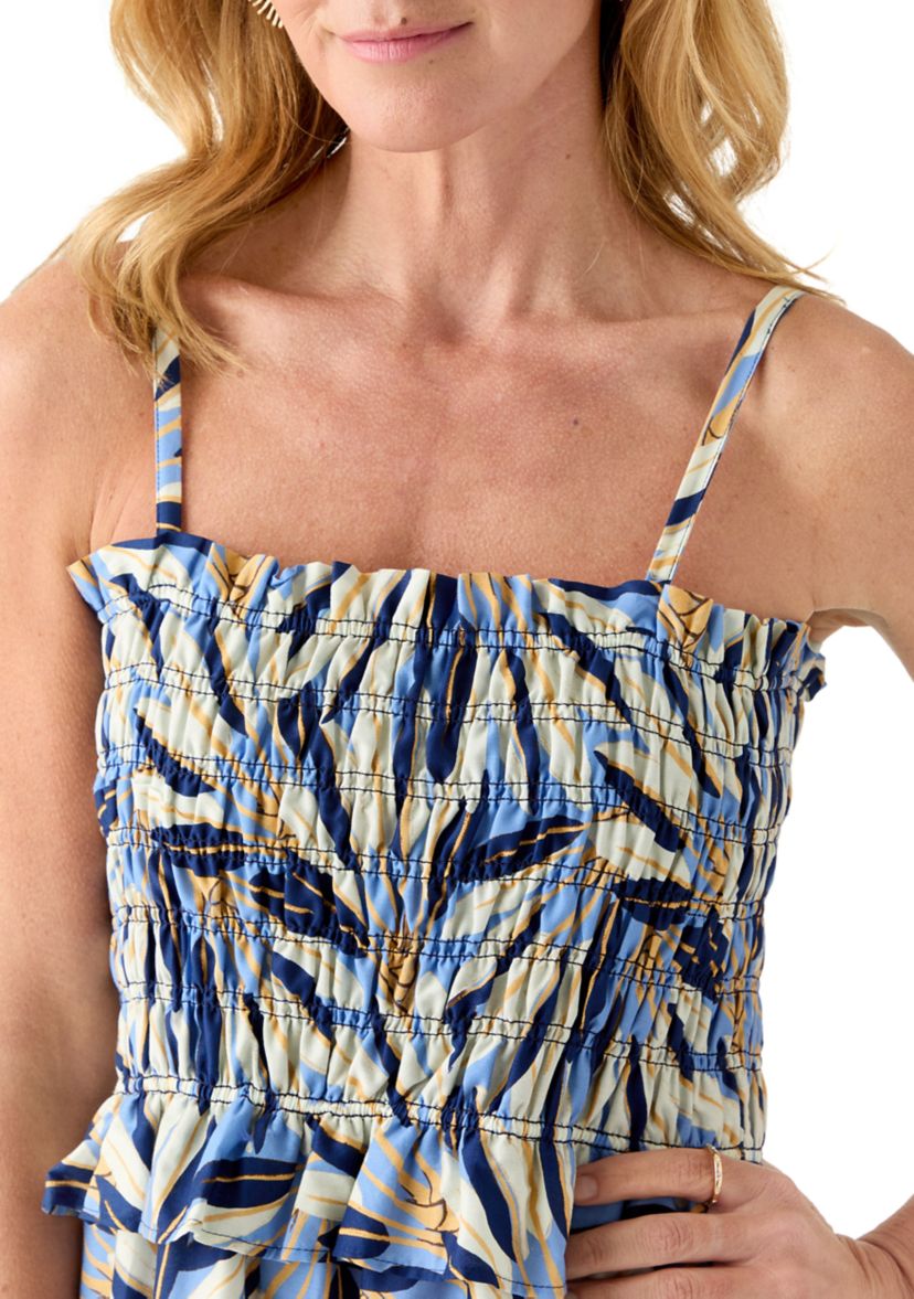 Womens Sleeveless Square Neck Floral Print Midi Dress
