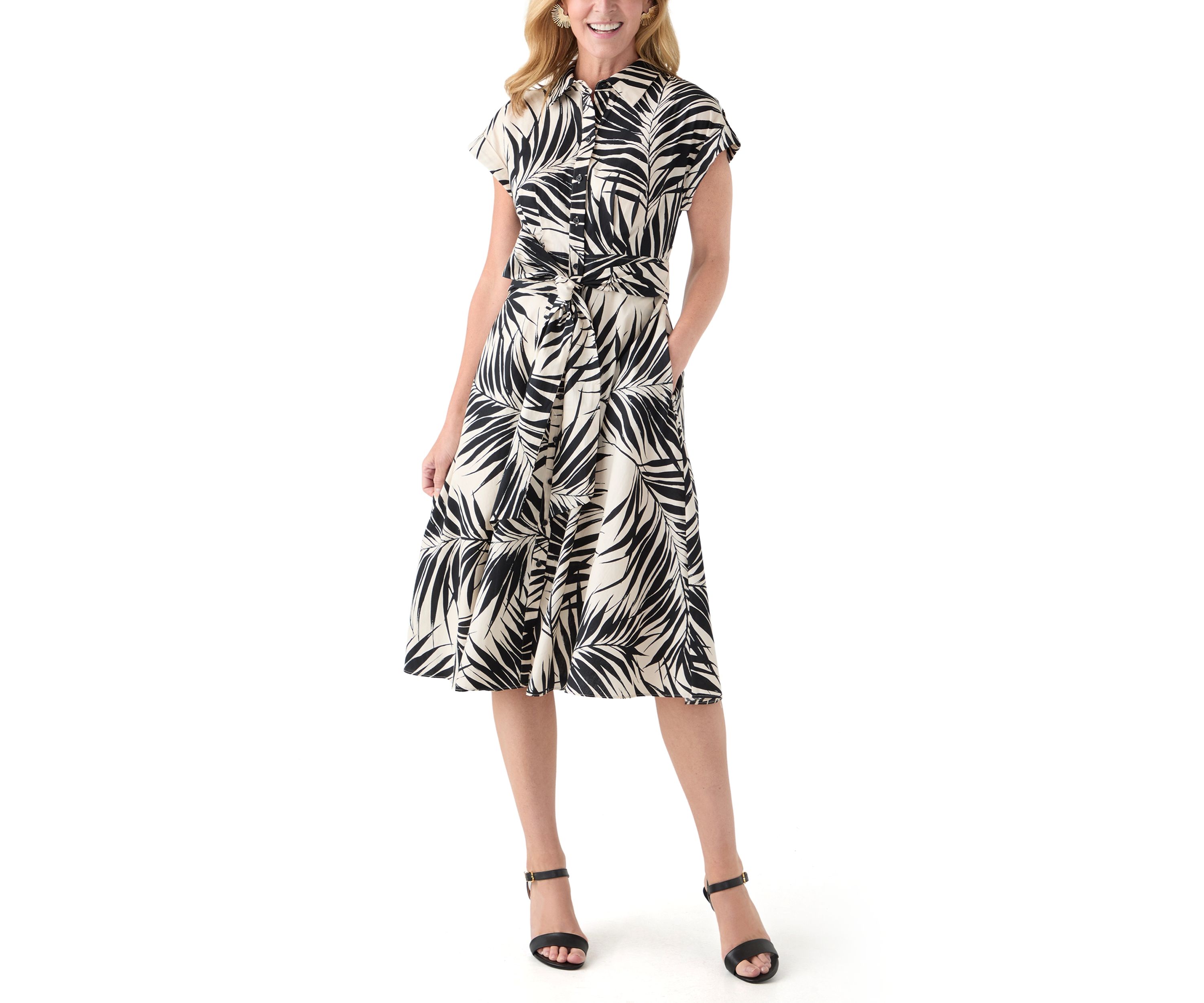Womens Short Sleeve Mock Neck Leaf Print Dress