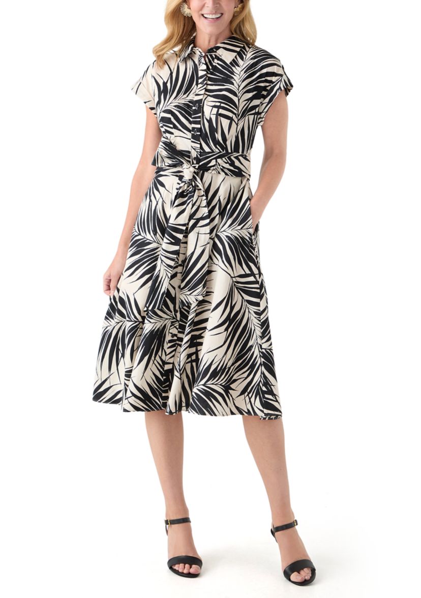 Womens Short Sleeve Mock Neck Leaf Print Dress