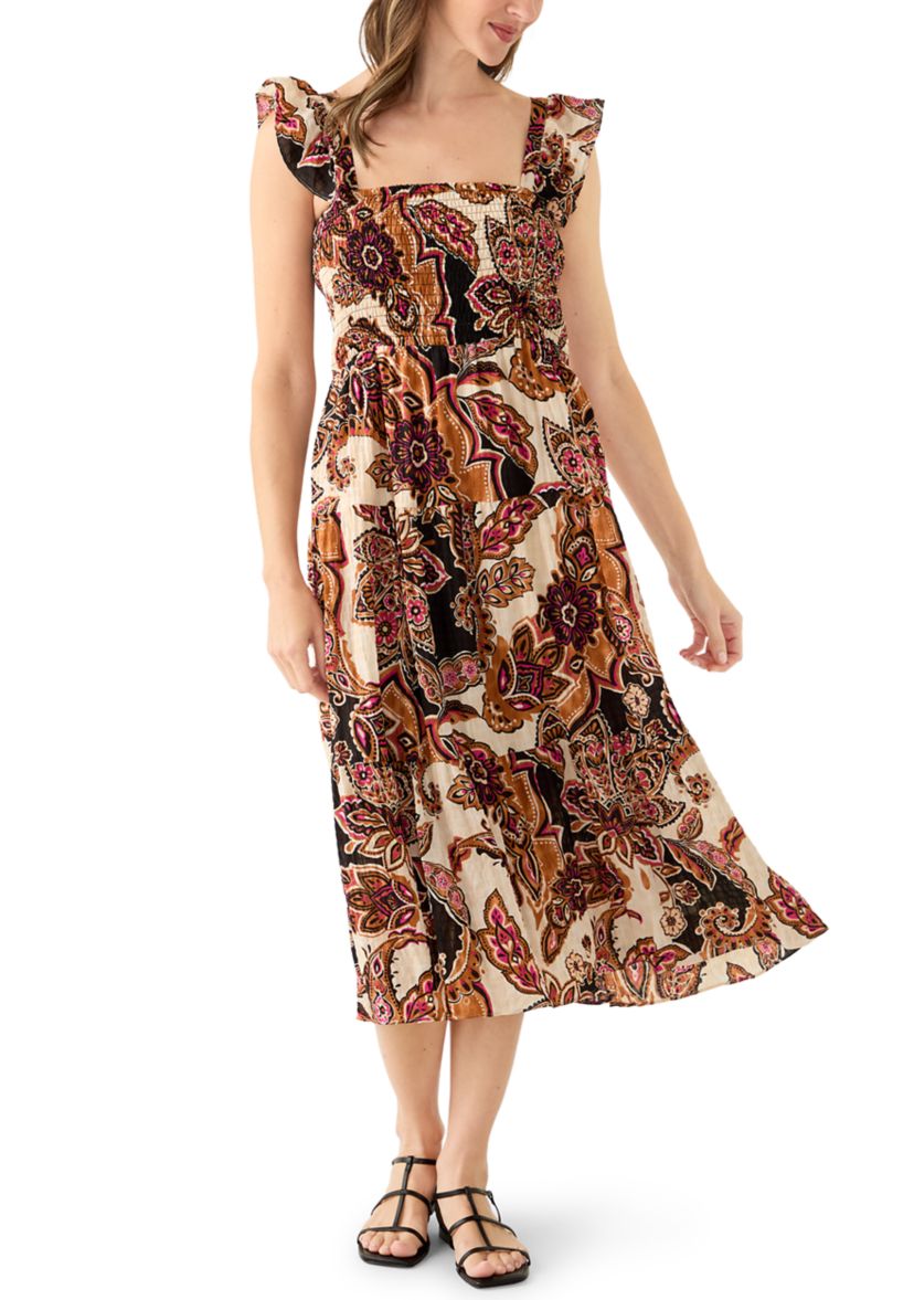 Womens Square Neck Paisley Print Midi Dress