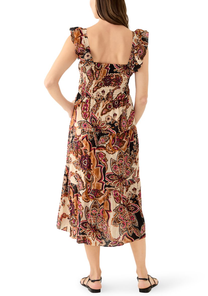 Womens Square Neck Paisley Print Midi Dress
