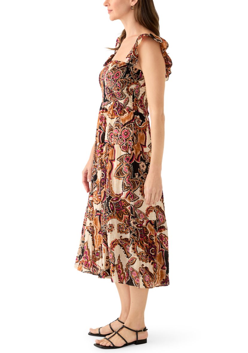 Womens Square Neck Paisley Print Midi Dress