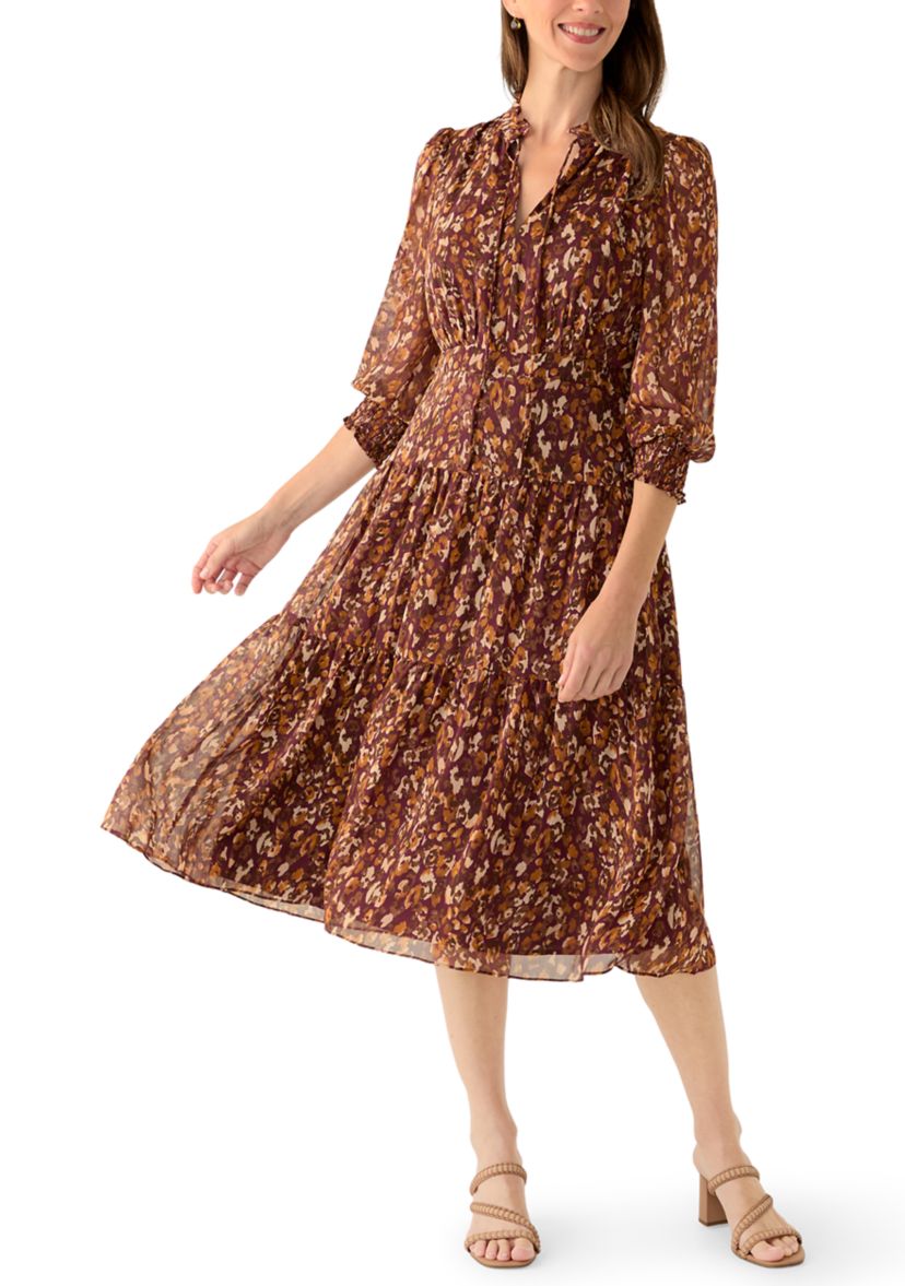 Womens 3/4 Sleeve Mock Neck Print A-Line Dress