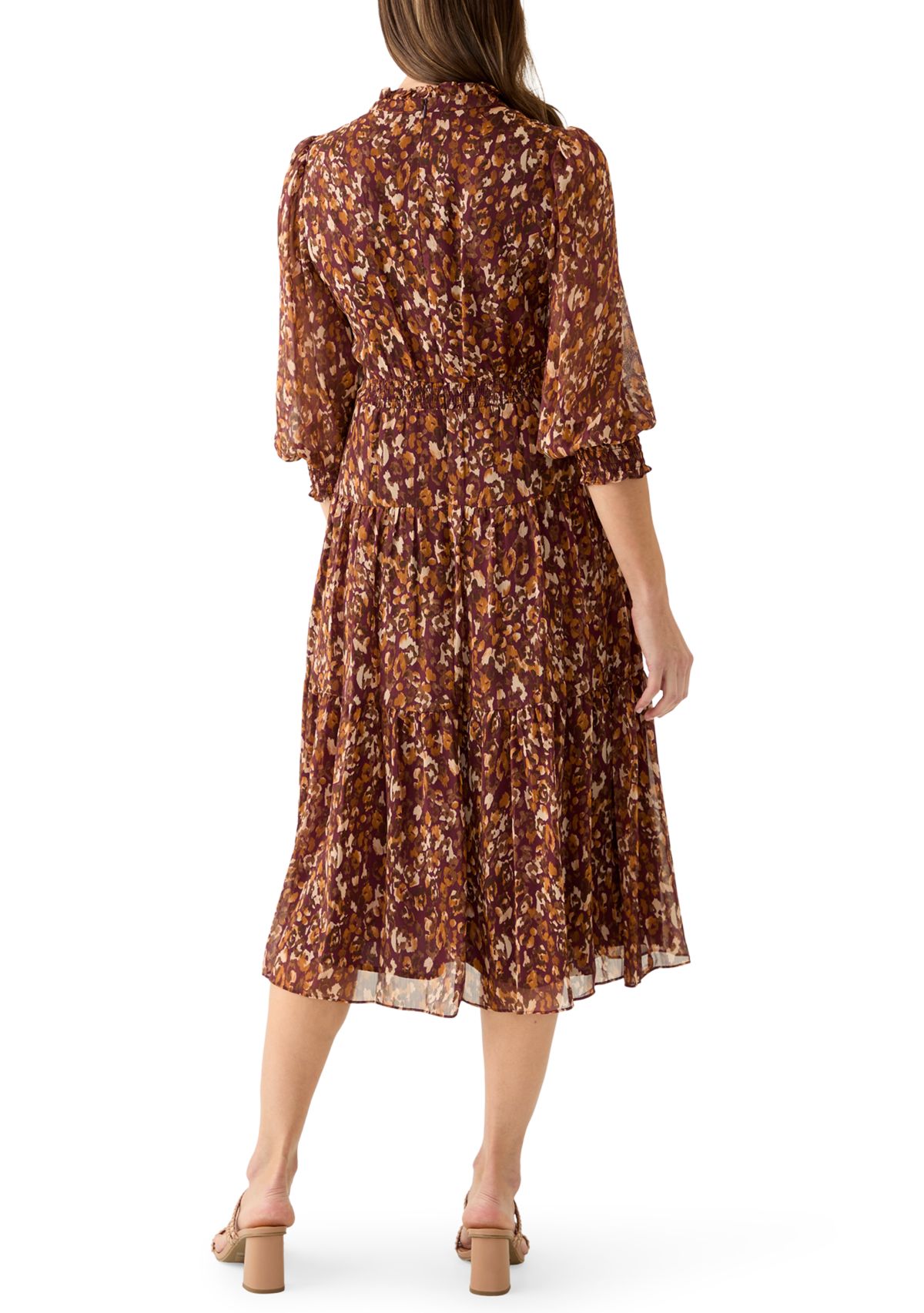 Womens 3/4 Sleeve Mock Neck Print A-Line Dress
