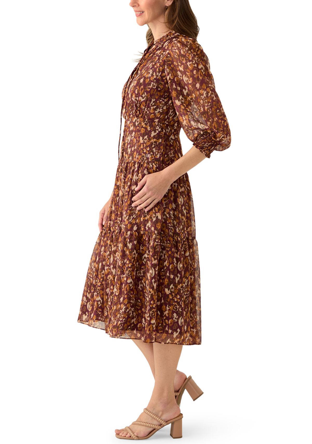 Womens 3/4 Sleeve Mock Neck Print A-Line Dress