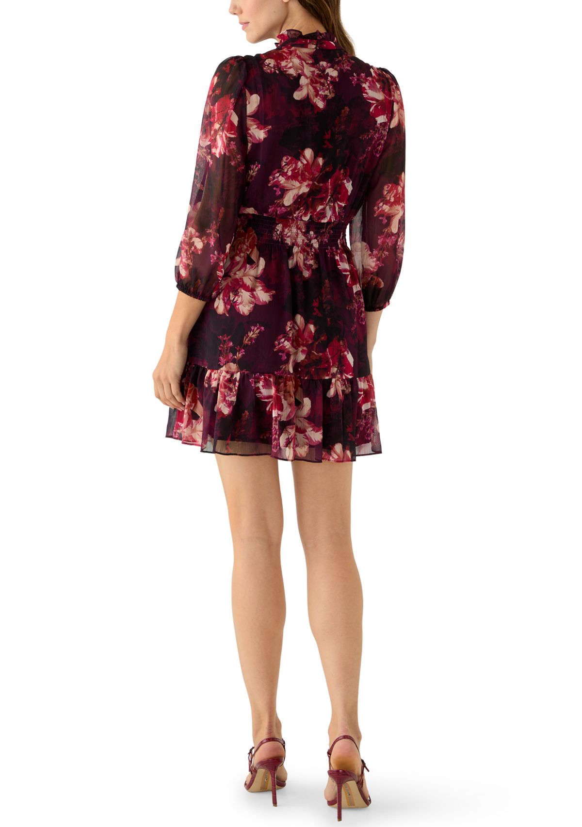 Womens Long Sleeve Mock Neck Floral Print Chiffon Fit and Flare Dress