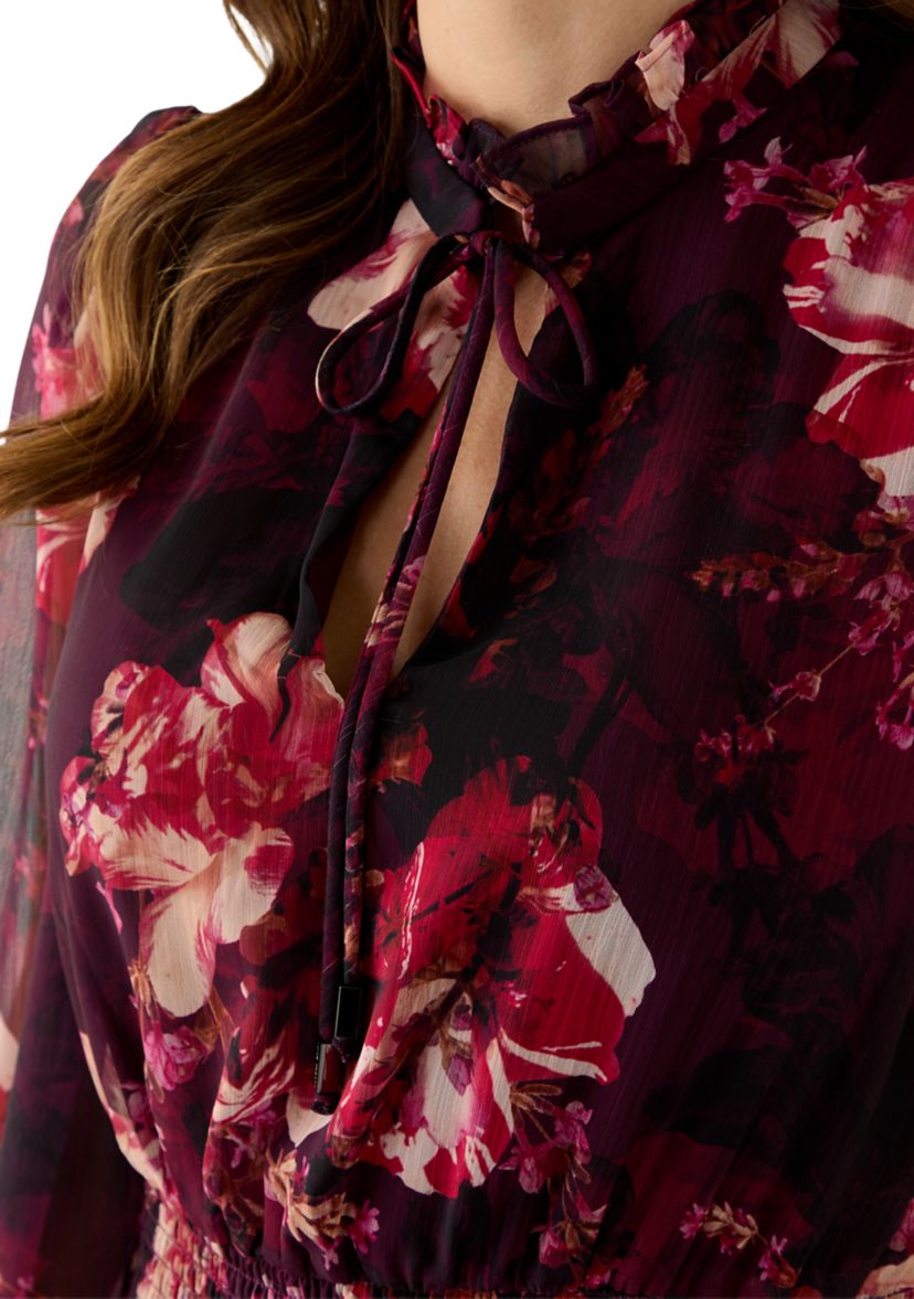 Womens Long Sleeve Mock Neck Floral Print Chiffon Fit and Flare Dress