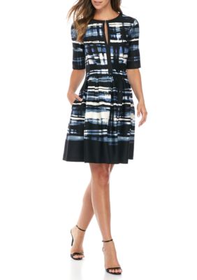 Vince Camuto Women's Printed Scuba Fit & Flare Dress – Stretch Sleeveless Dress With Godets