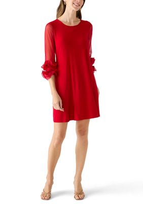 Nina Leonard Women's Mesh Ruffle Sleeve Dress, Red, XL