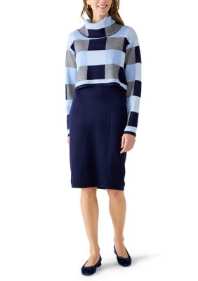 Nina Leonard Women's Cowl Neck Colorblock Popover Sweater Dress, Navy Blue, XL