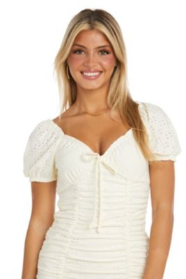 1Pc Short Eyelet Knit Dress With Puff Sleeves And Ruched Princess Line