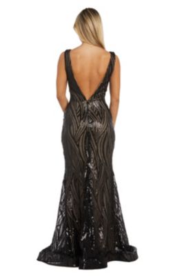 Long V Front Swirl Pattern Sequin W Power Mesh Side Insets And Deep Back