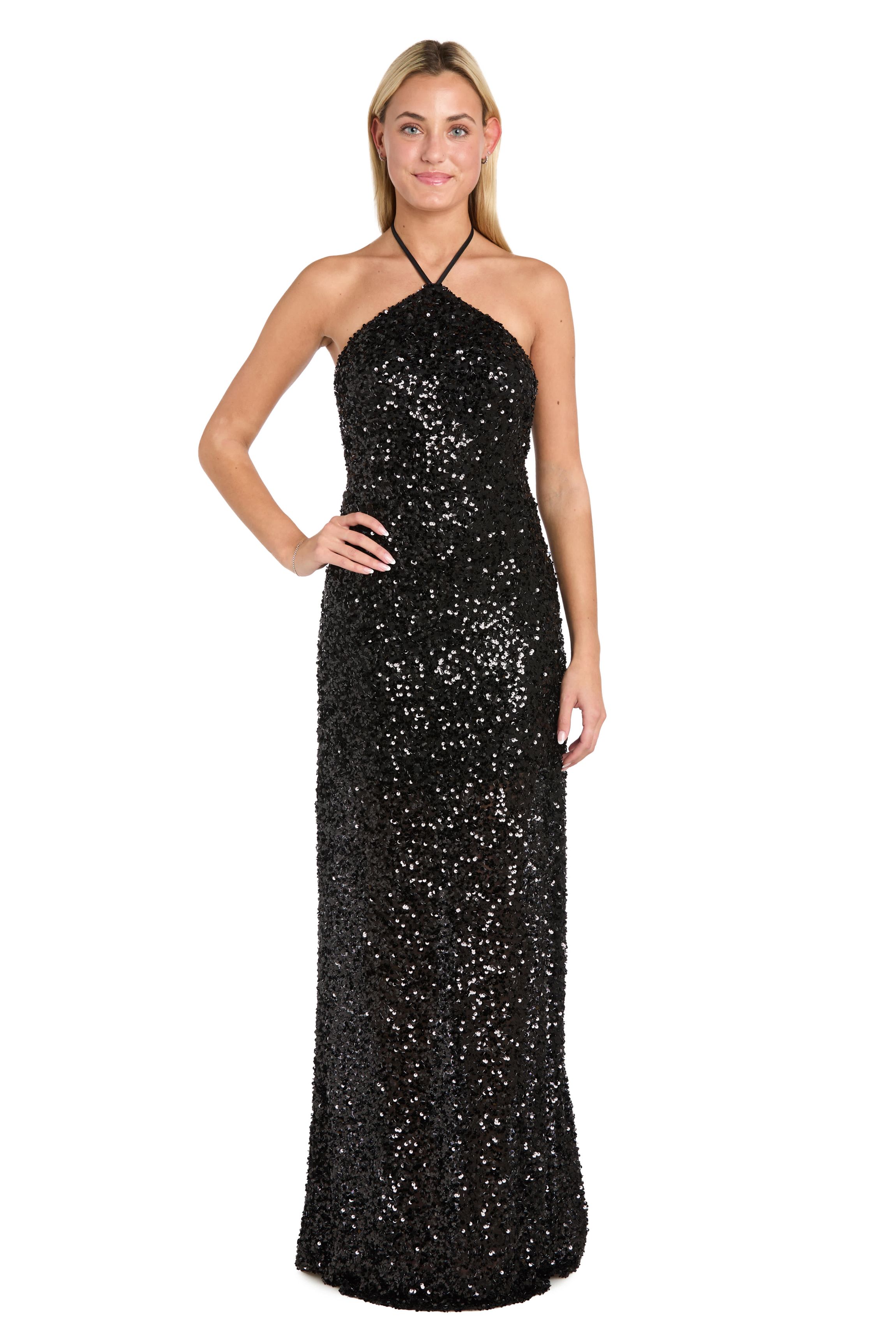 Long Sequin Clutter Beading Halter Tie Neckline Bias Dress