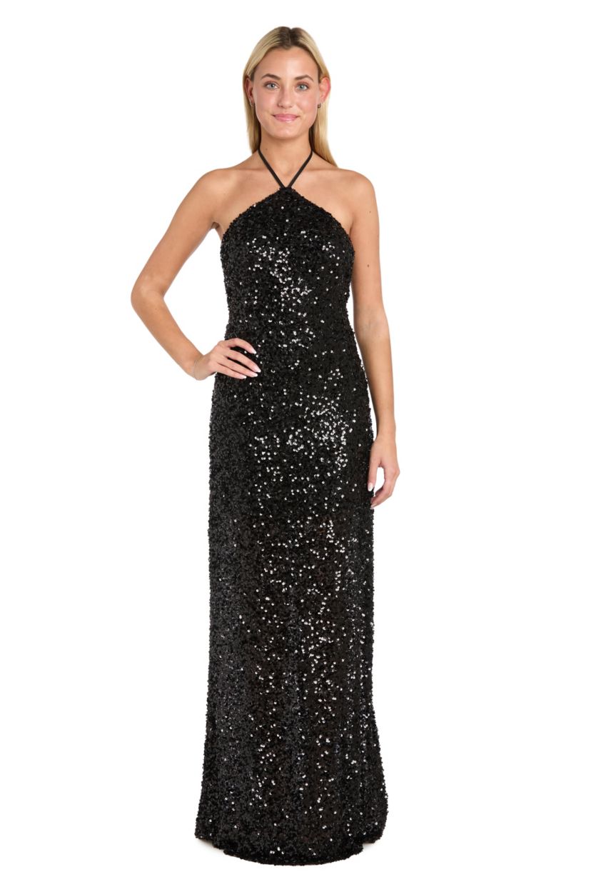 Long Sequin Clutter Beading Halter Tie Neckline Bias Dress