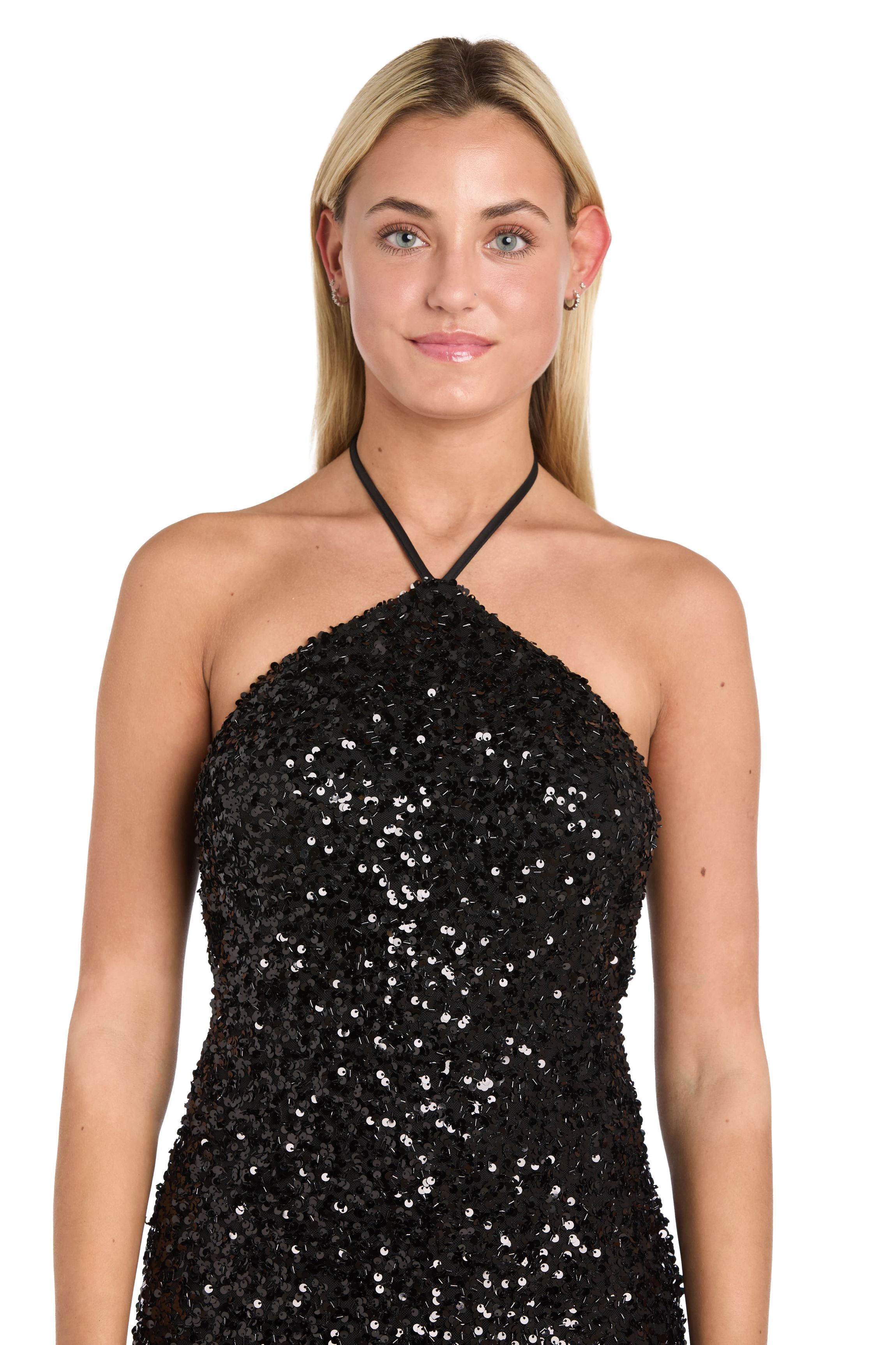 Long Sequin Clutter Beading Halter Tie Neckline Bias Dress