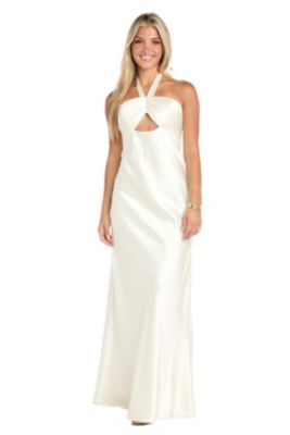 Morgan Long Halter Tie Neck Satin Dress With Front Cut Out