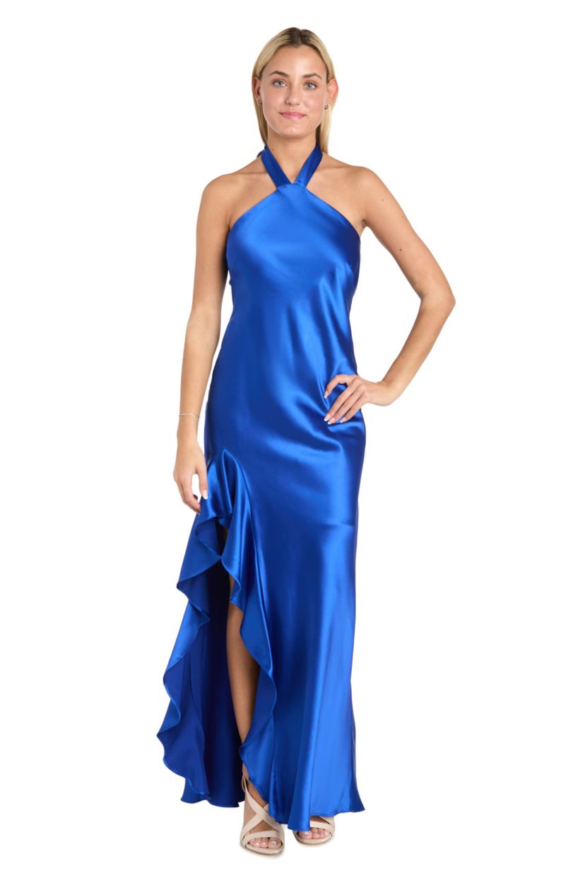 Long Halter Tie Neck Satin Dress With Ruffle Side Slit