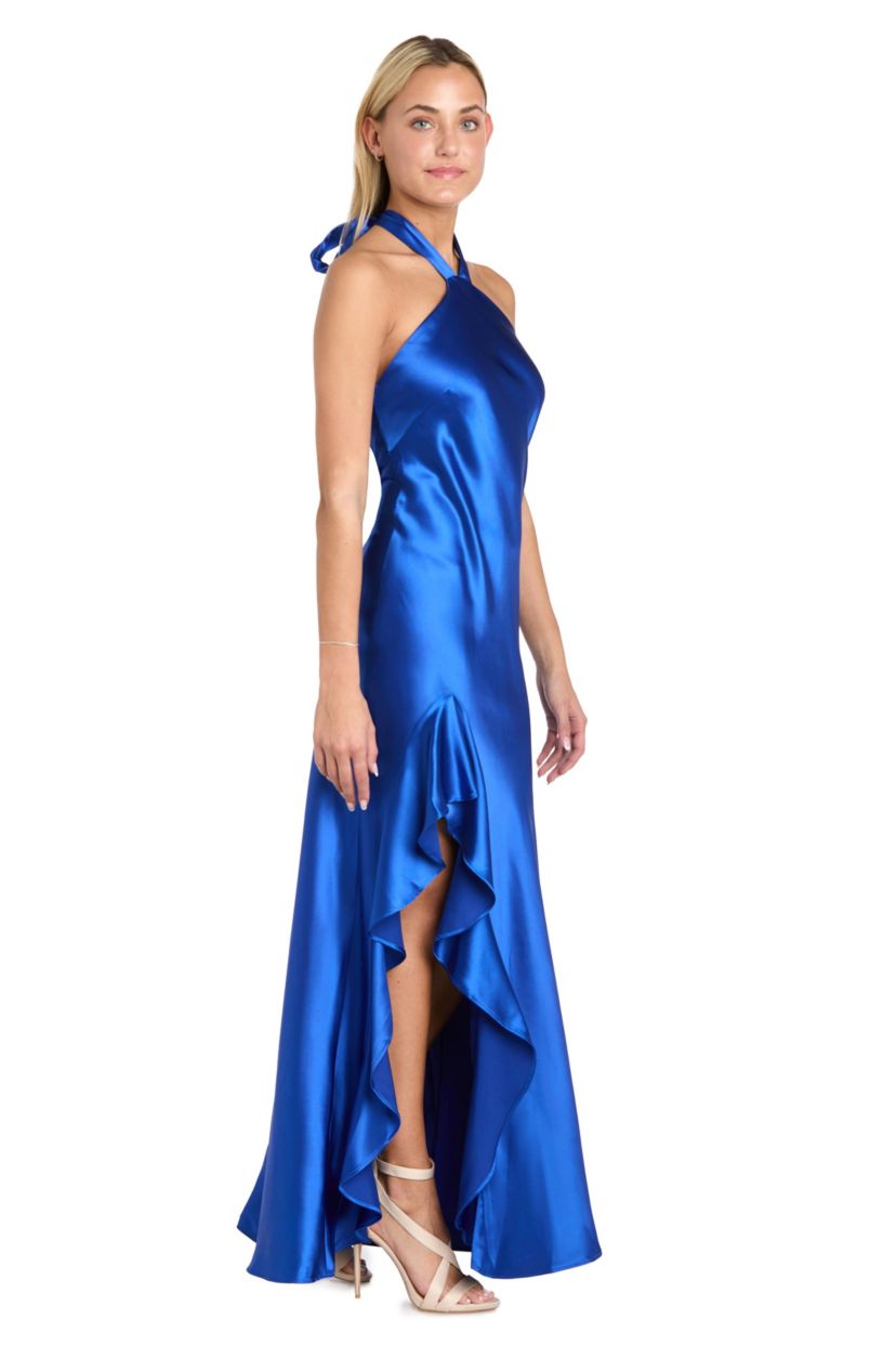 Long Halter Tie Neck Satin Dress With Ruffle Side Slit