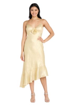 Morgan & Co Women's Midi Satin Ruffle Dress, Gold, XS