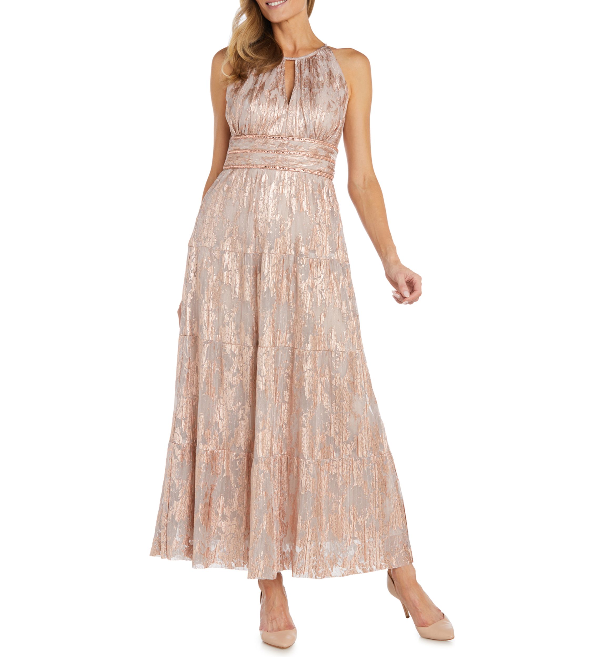 Womens Sleeveless Halter Neck Foil Mesh Tiered Gown