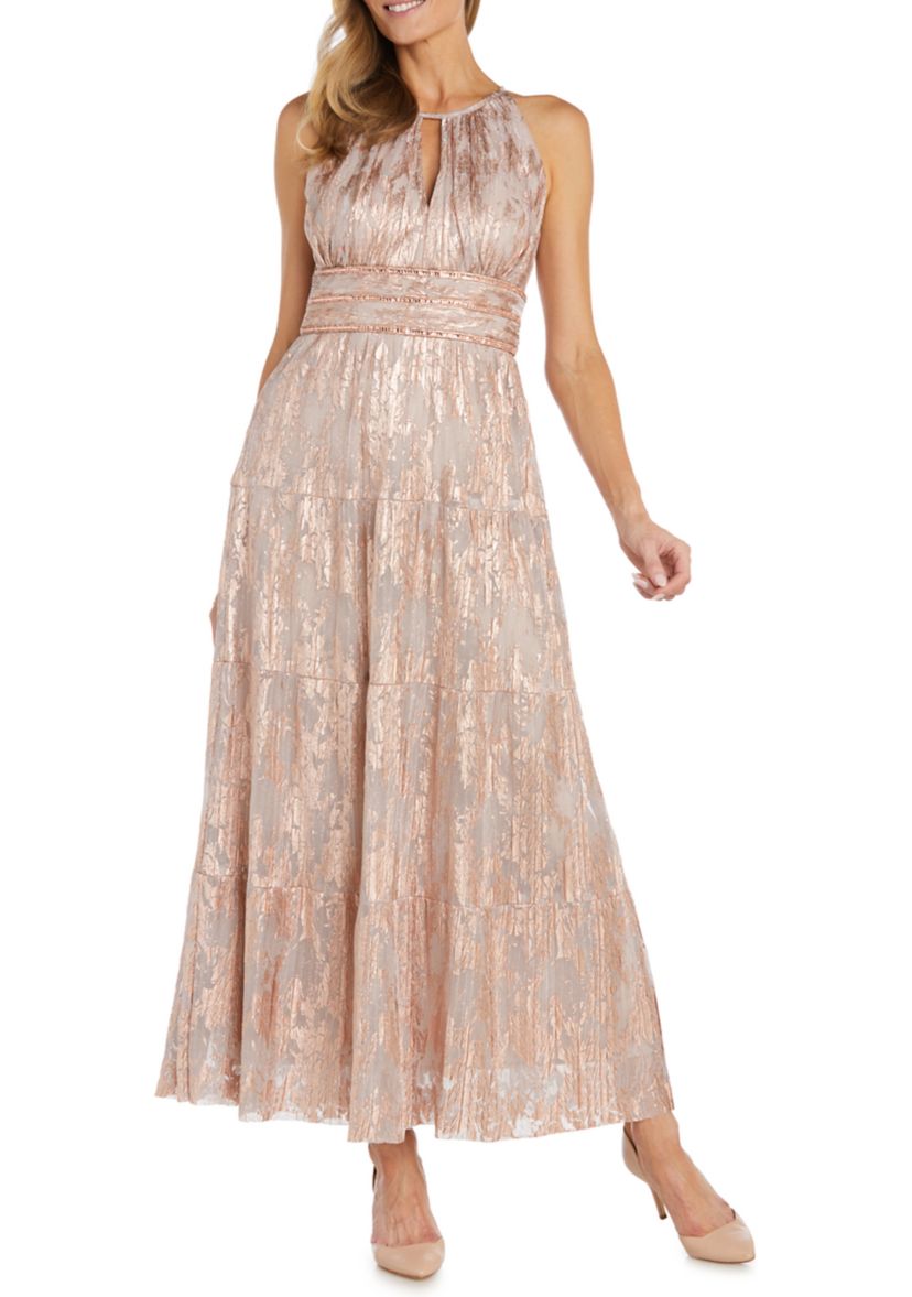 Womens Sleeveless Halter Neck Foil Mesh Tiered Gown