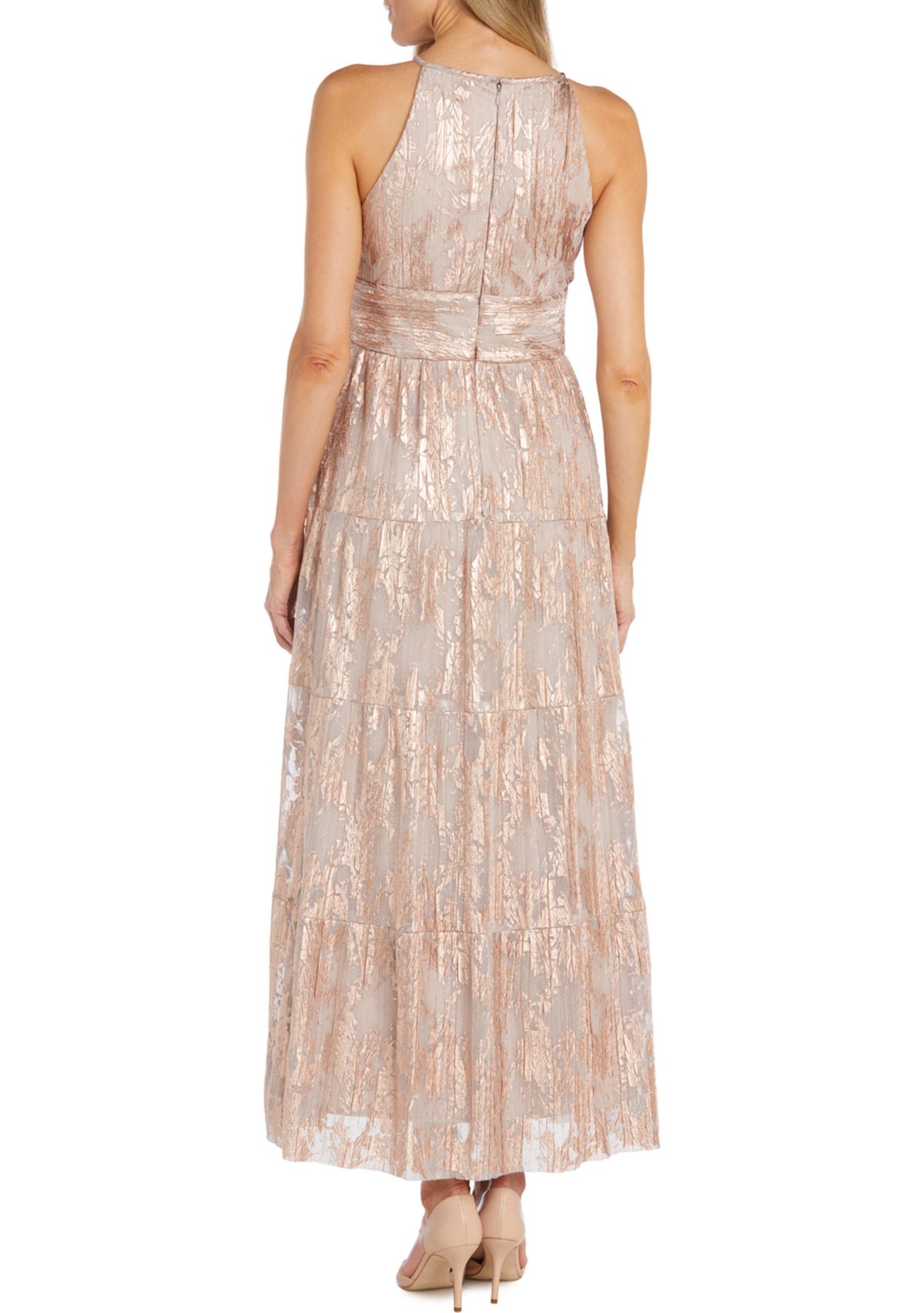 Womens Sleeveless Halter Neck Foil Mesh Tiered Gown