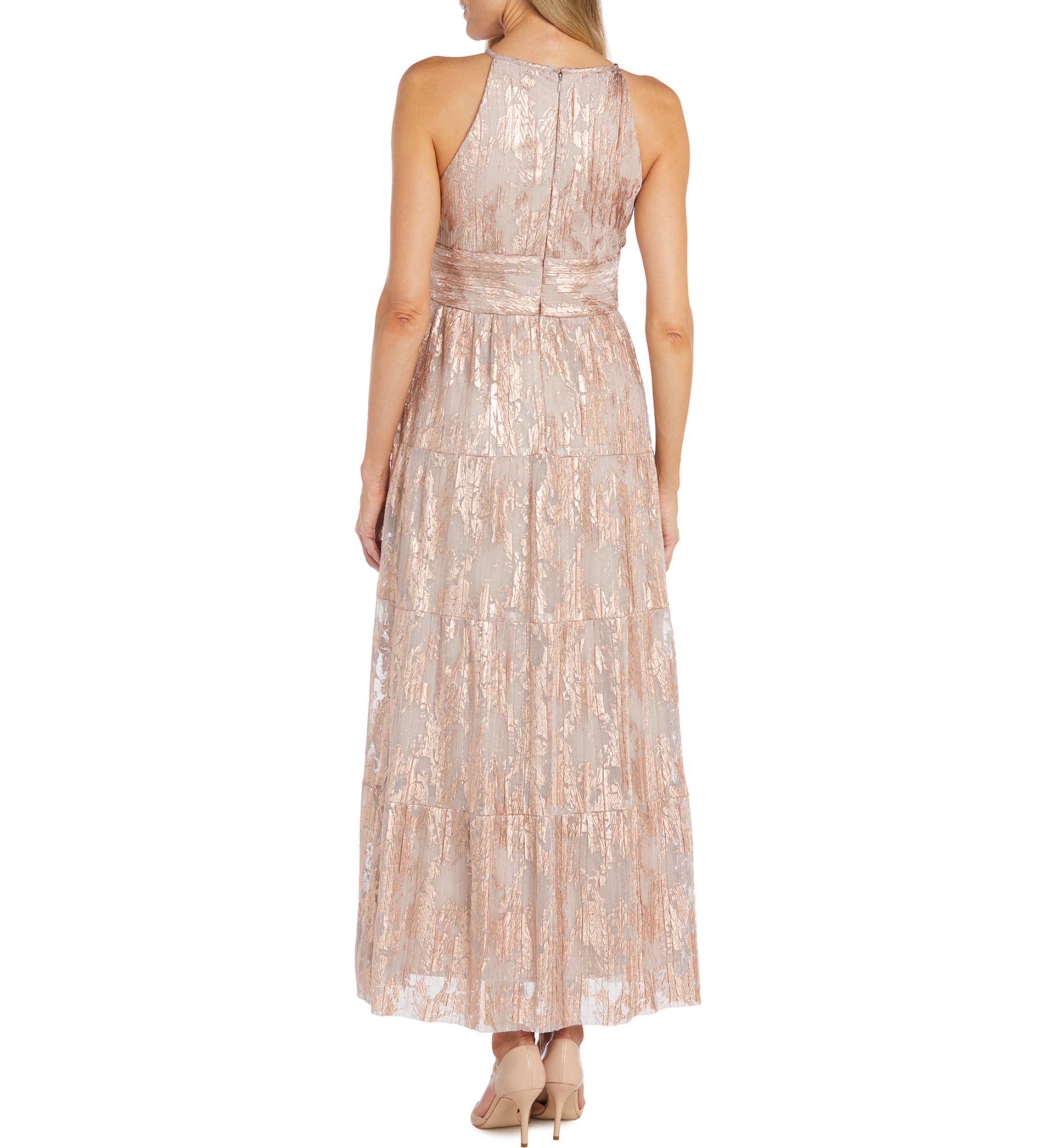 Womens Sleeveless Halter Neck Foil Mesh Tiered Gown