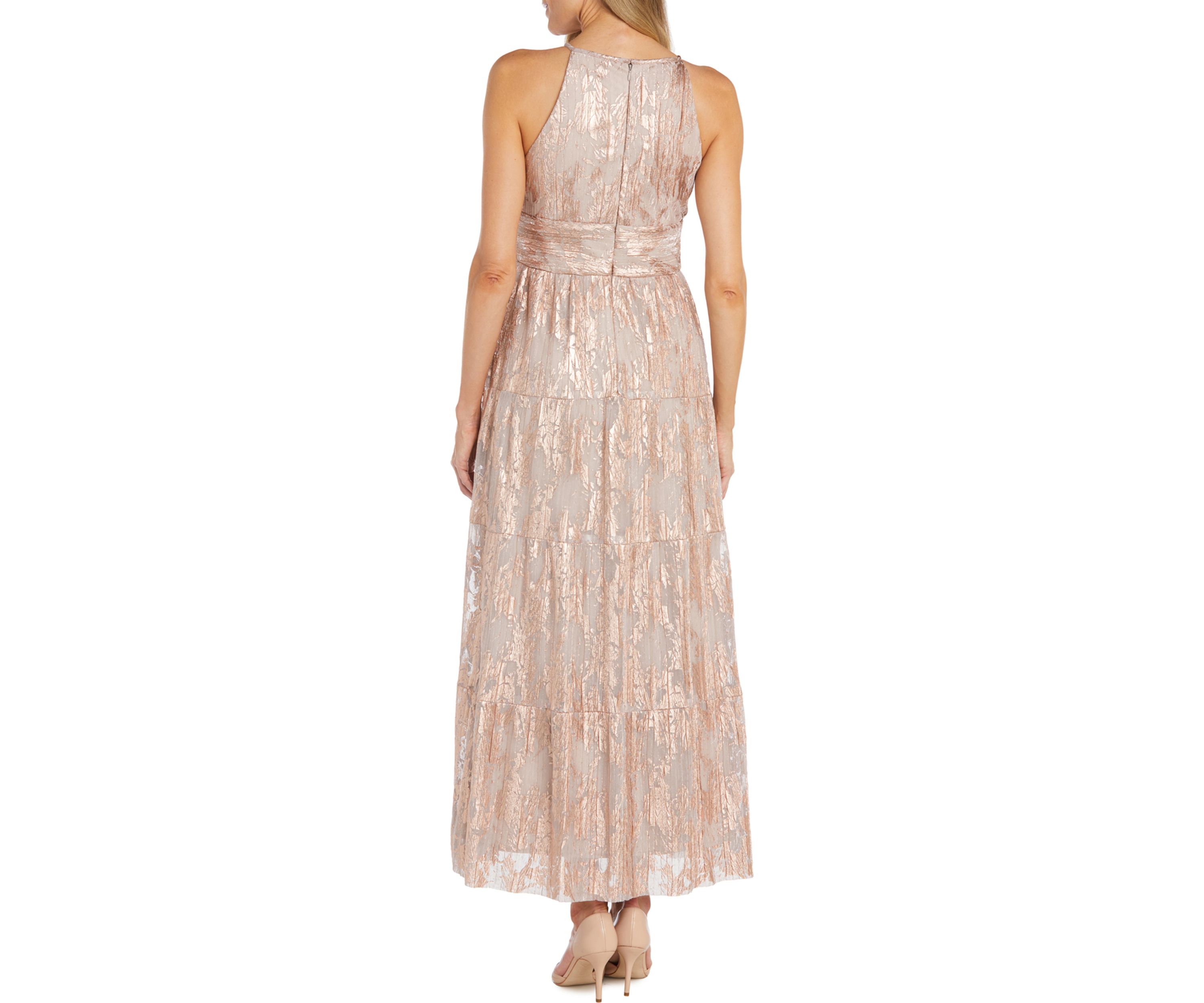 Womens Sleeveless Halter Neck Foil Mesh Tiered Gown