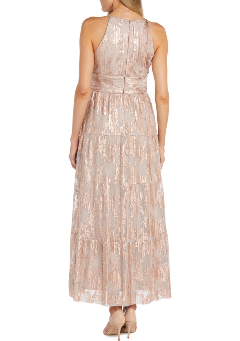 Womens Sleeveless Halter Neck Foil Mesh Tiered Gown