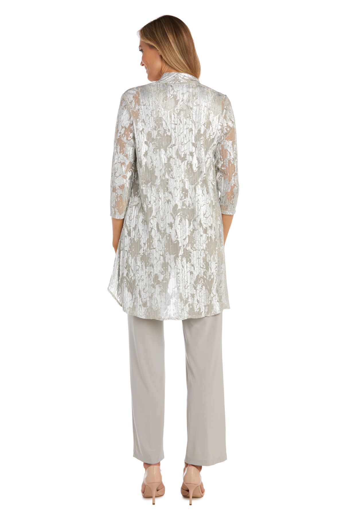 3 Pc Twinset Pantsuit In A Foil Jacquard Print On Crinkle Fabric Matte Chiffon Pant And Detach Necklace