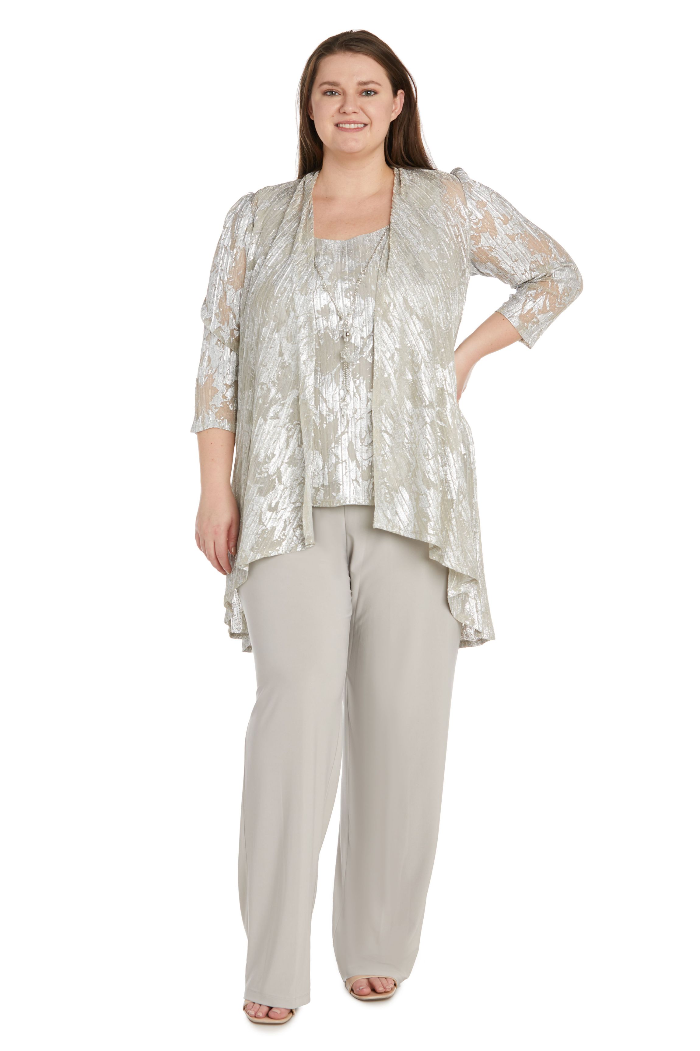 3 Pc Twinset Pantsuit In A Foil Jacquard Print On Crinkle Fabric Matte Chiffon Pant And Detach Necklace