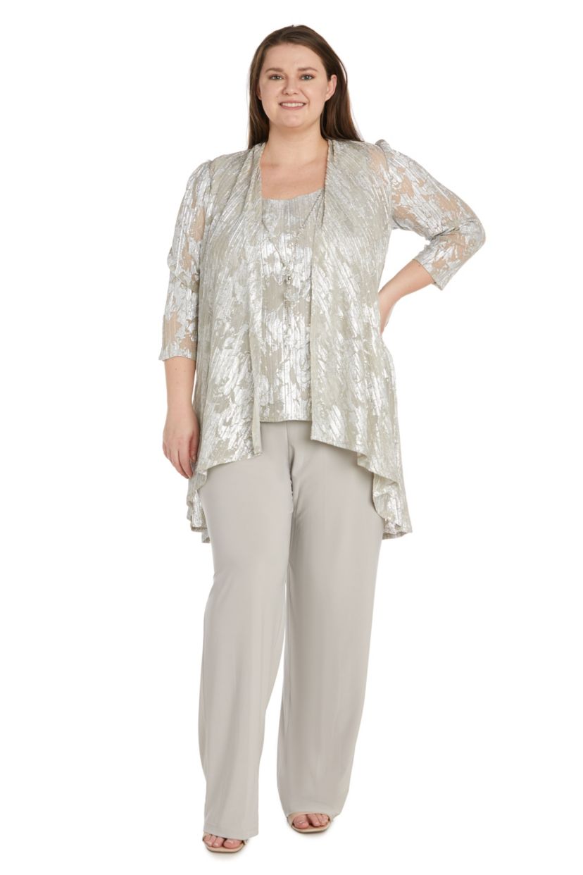3 Pc Twinset Pantsuit In A Foil Jacquard Print On Crinkle Fabric Matte Chiffon Pant And Detach Necklace