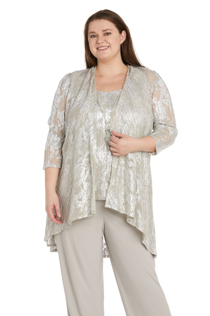 3 Pc Twinset Pantsuit In A Foil Jacquard Print On Crinkle Fabric Matte Chiffon Pant And Detach Necklace